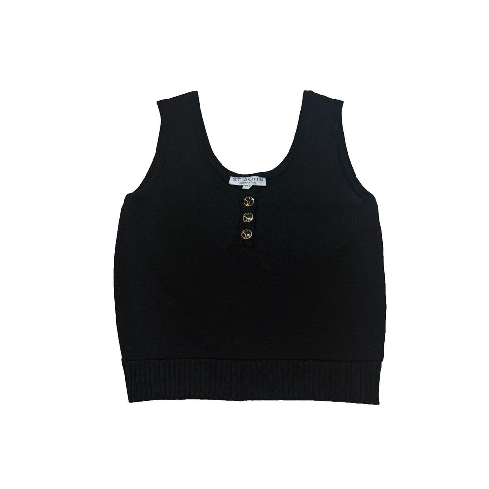 St John Separates Womens M Santana Knit Cropped Black Button Henley Tank Preppy